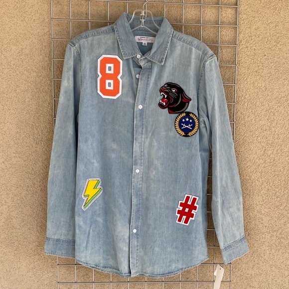 Boyfriend Chambray Button Down Patch Denim Shirt - Picture 2 of 9